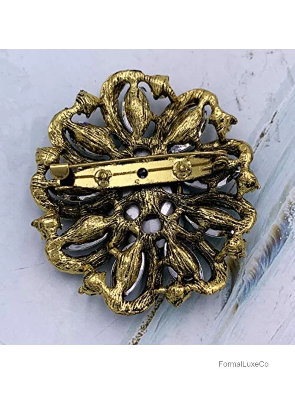 Flower Rhinestone Statement Brooch Pin Antique Gold Tone Alloy Crystal